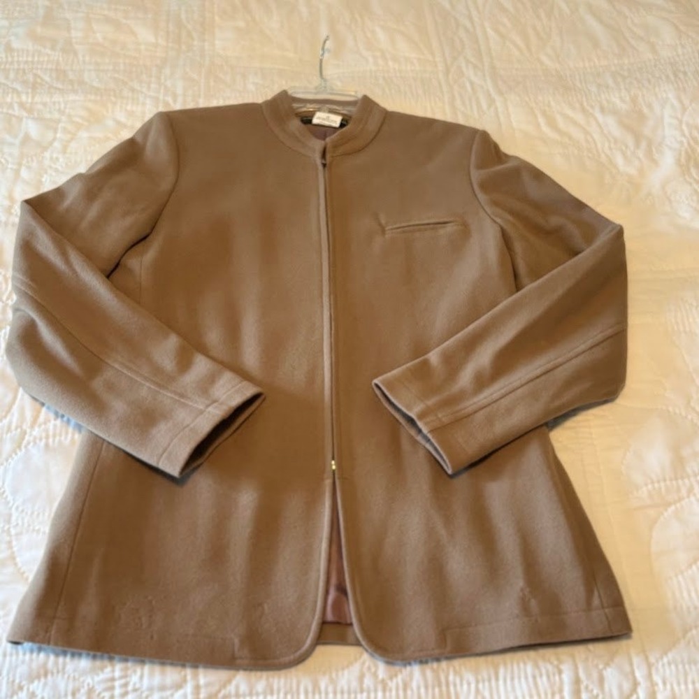 Benard Holtzman Jacket Wmns 10 Tan Wool Cashmere Zip Mandarin Collar Classic